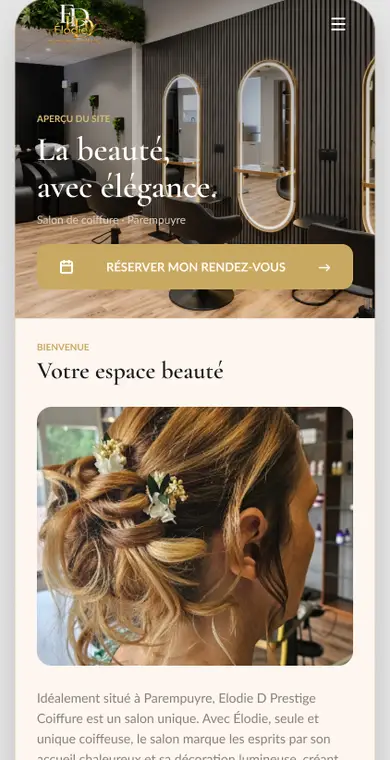 Maquette mobile Figma pour Elodie D Prestige Coiffure
