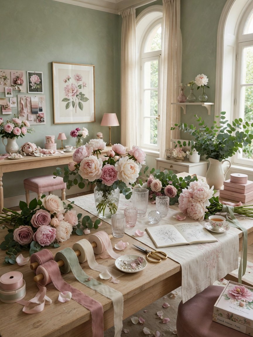 Atelier floral Maison Corolle, table de création avec pivoines et eucalyptus