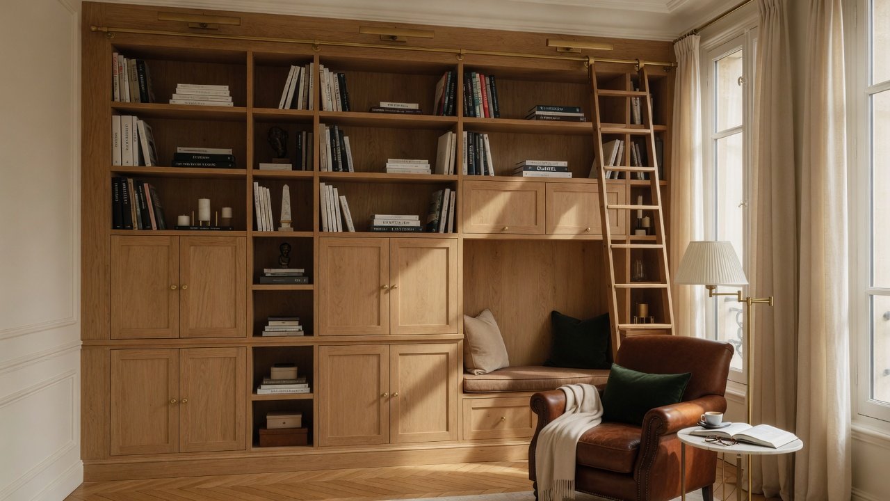 Bibliothèque contemporaine en chêne du sol au plafond