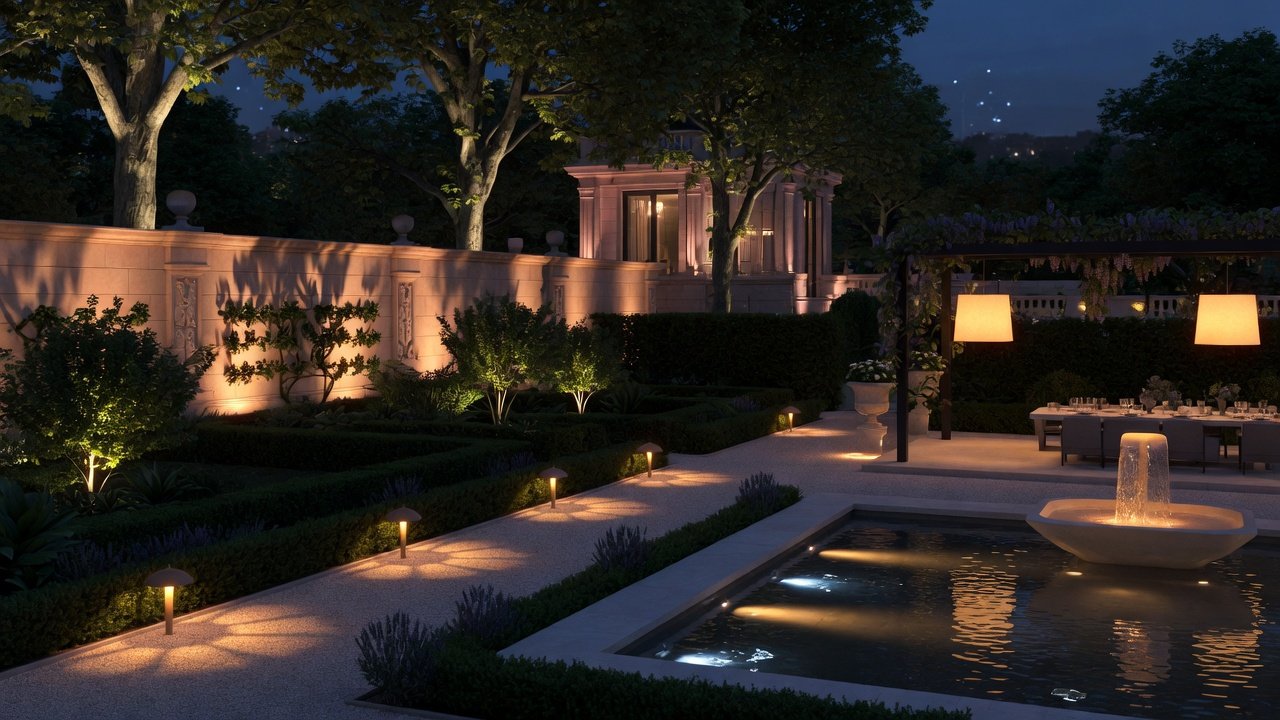 Jardin contemporain illuminé la nuit avec éclairage paysager