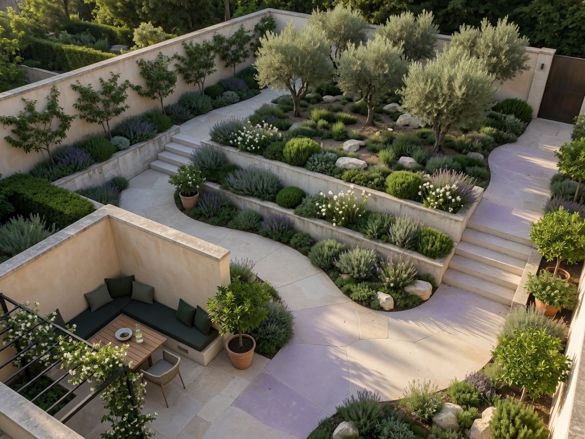 Cour intérieure aménagée avec plantation multi-niveaux