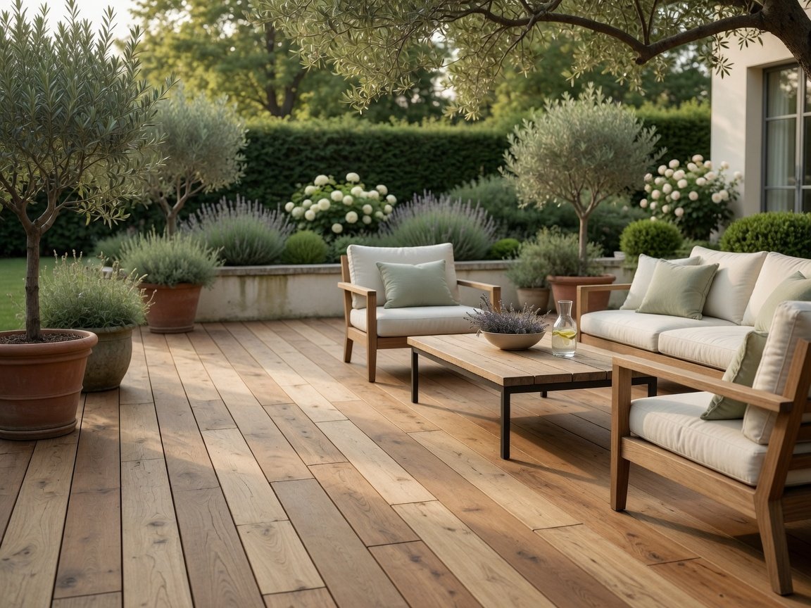 Terrasse en bois noble avec mobilier d'extérieur premium