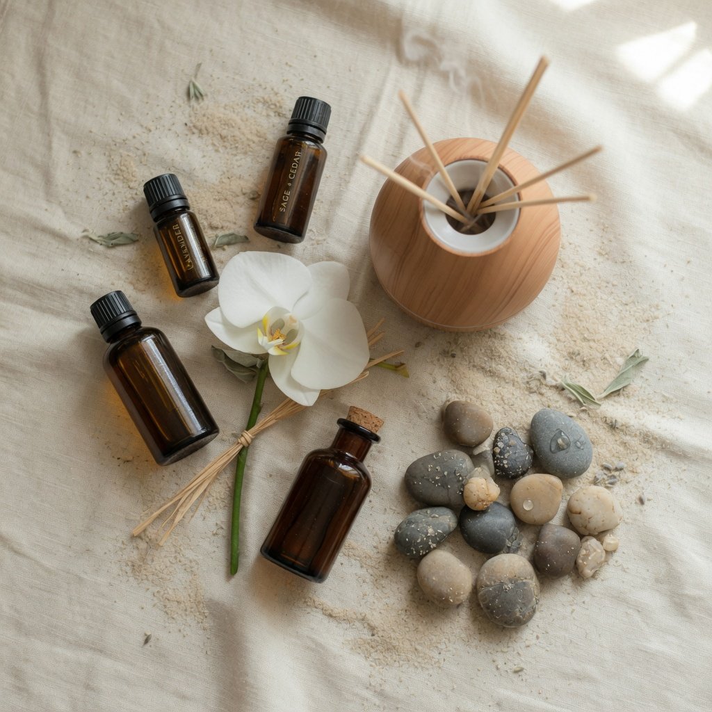 Composition sensorielle : huiles, diffuseur, orchidées et galets